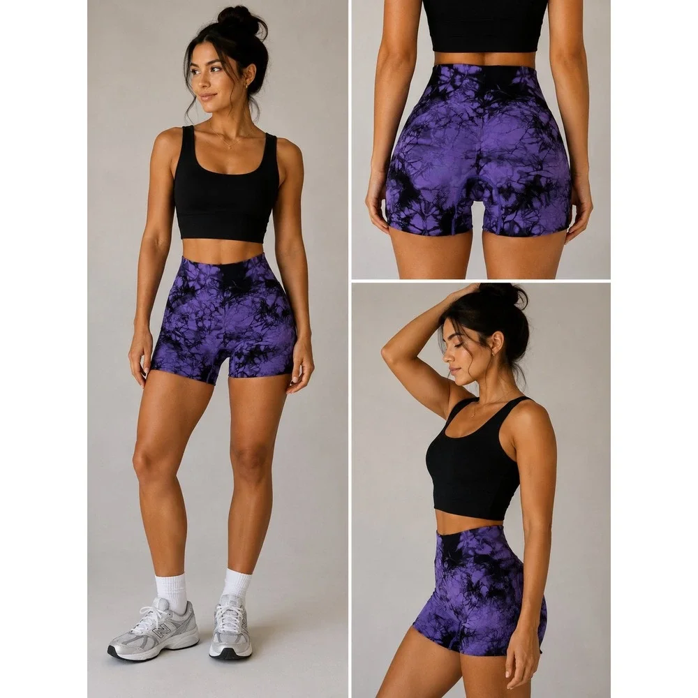 Purple Tie Dye Seamless High Waisted Athletic Workout Shorts Ribbed Size L